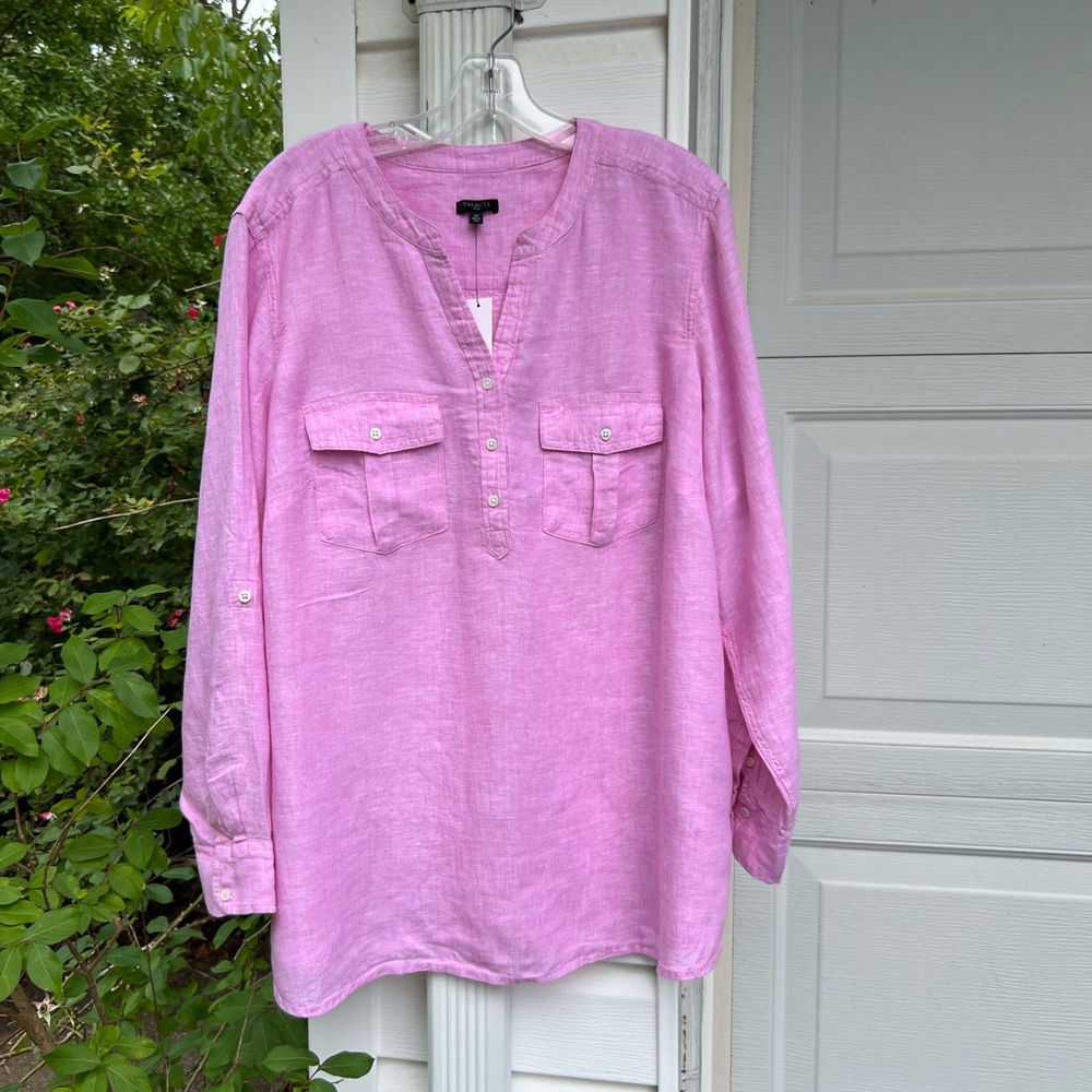 NWT Talbots Comfortable Pink Pocket Front Linen Long Sleeve Blouse